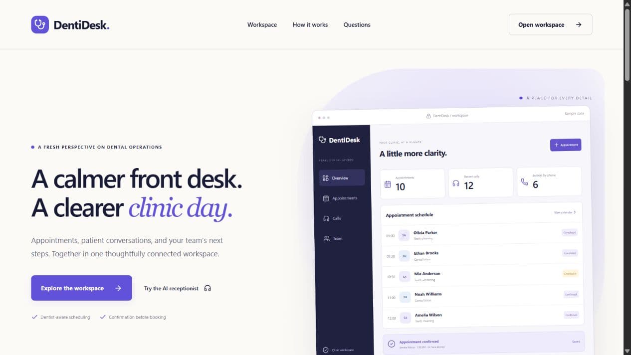 DentiDesk public homepage with the clinic workspace preview