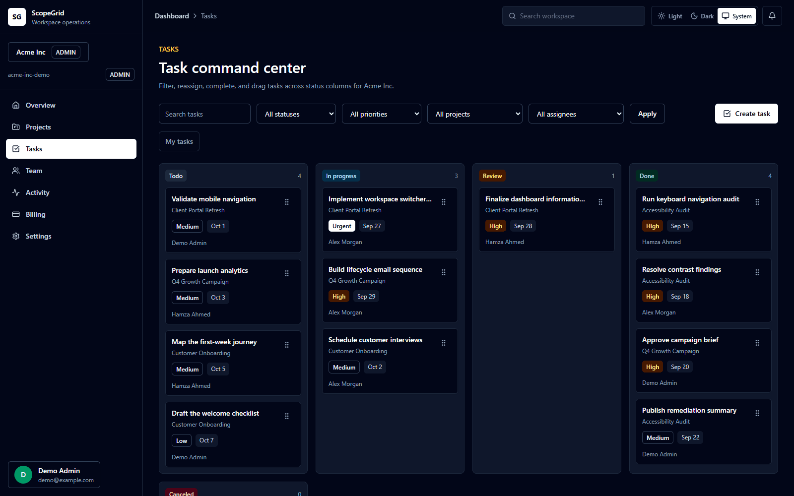 ScopeGrid task board showing project columns and task cards